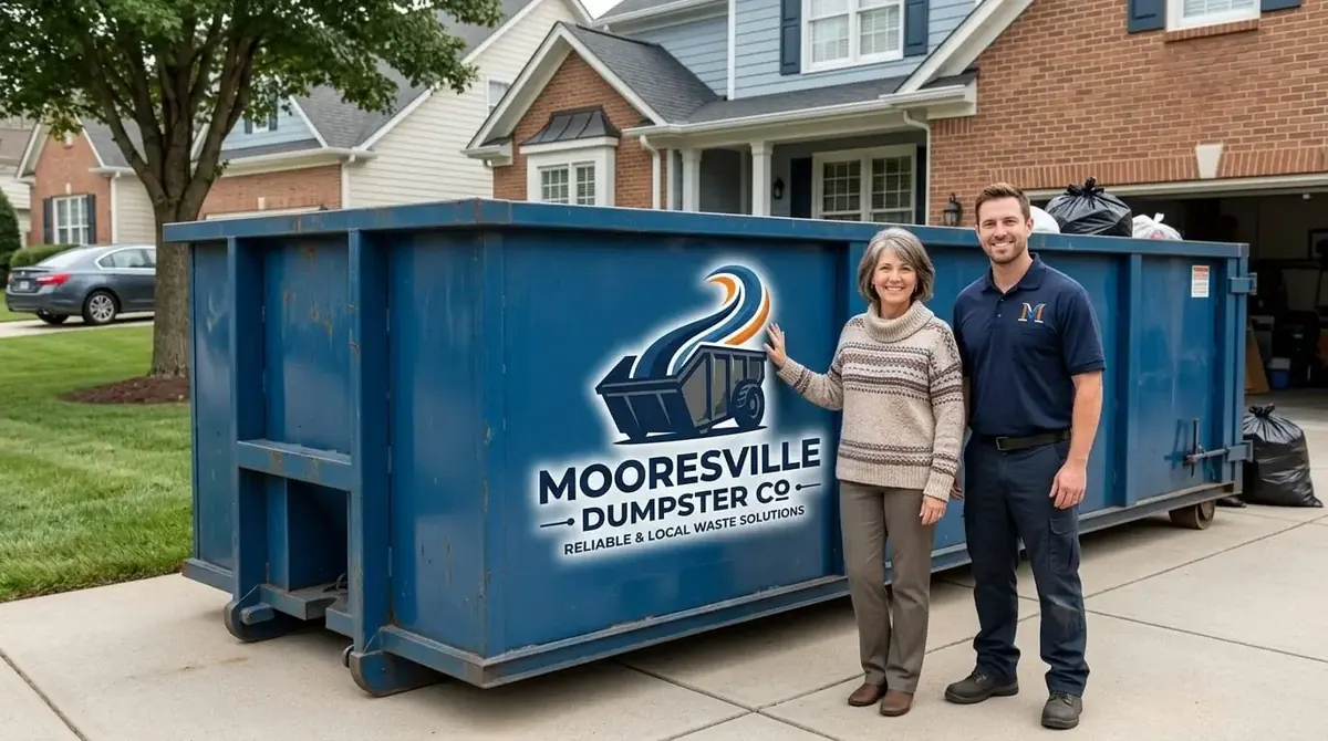 Homeowner standing with a Mooresville Dumpster Co crew member beside a roll-off container in front of a brick house