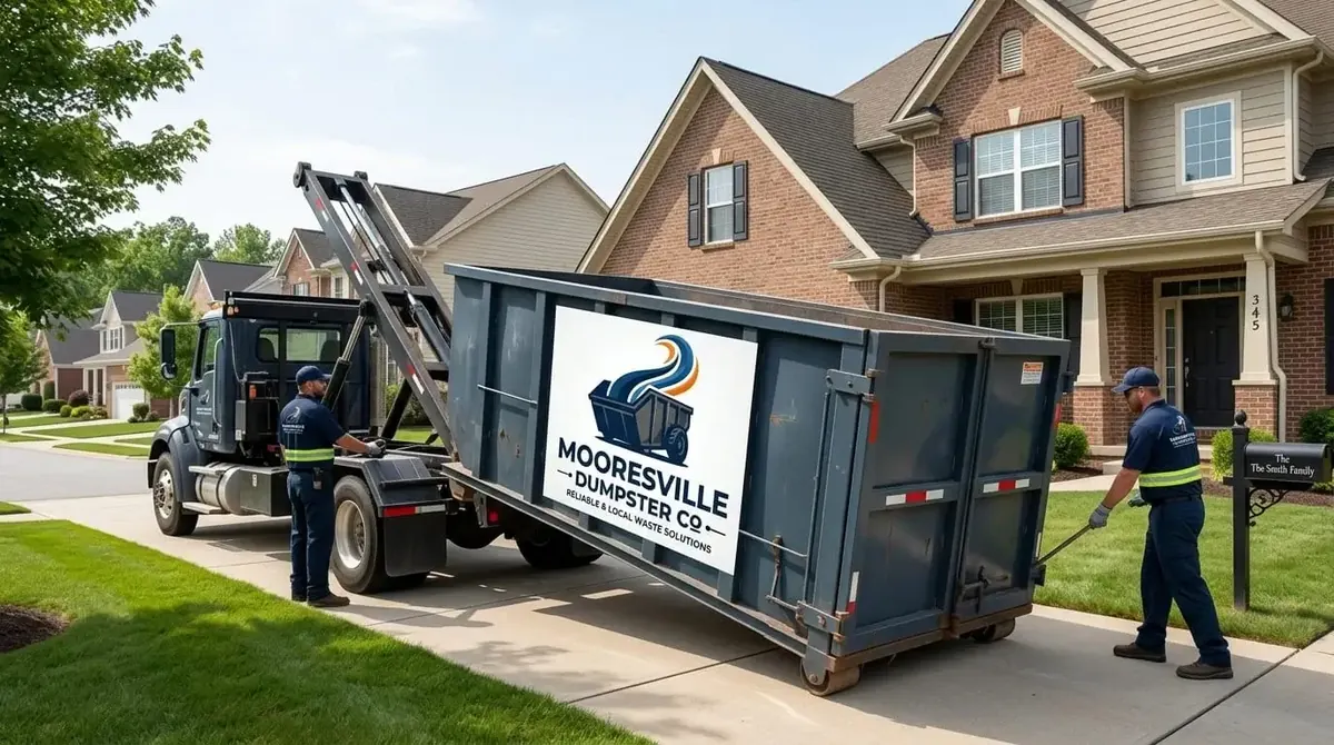 Dumpster rental in Mooresville, NC Mooresville Dumpster Co crew members and a roll-off truck setting a navy container down on a residential driveway