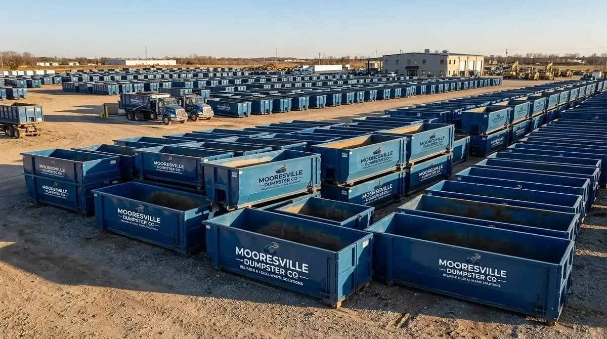 Serving Mooresville and Lake Norman Rows of navy Mooresville Dumpster Co roll-off containers lined up in the container yard